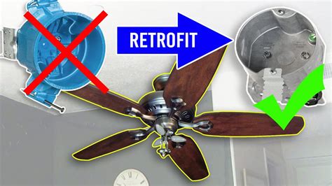 ceiling fan retrofit junction box|ceiling fan outlet box installation.